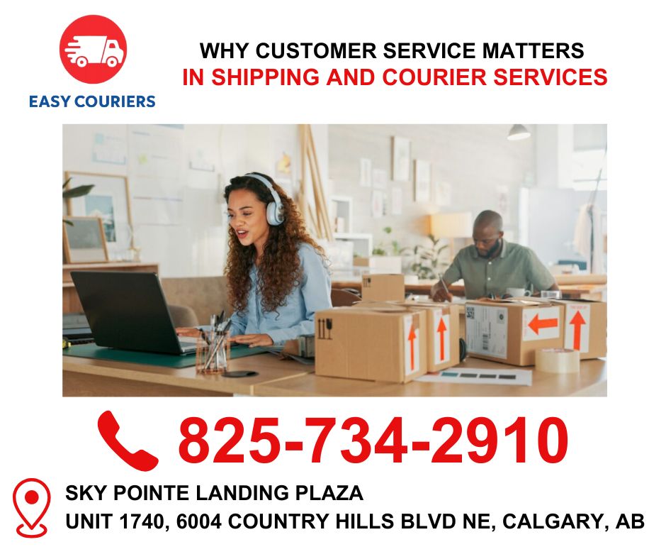 Customer service representative assisting a shipping customer with package tracking and delivery support at a courier service counter with parcels and shipping boxes visible.